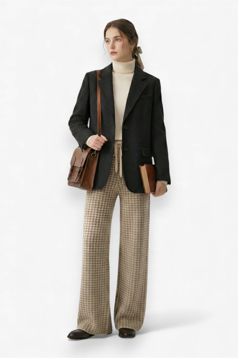 Elegant Wool Houndstooth Wide-Leg Pants