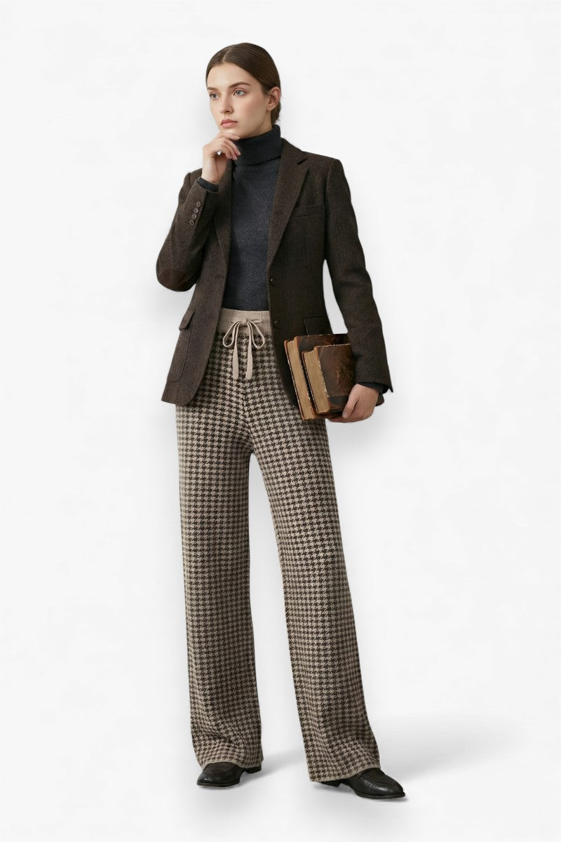 Elegant Wool Houndstooth Wide-Leg Pants