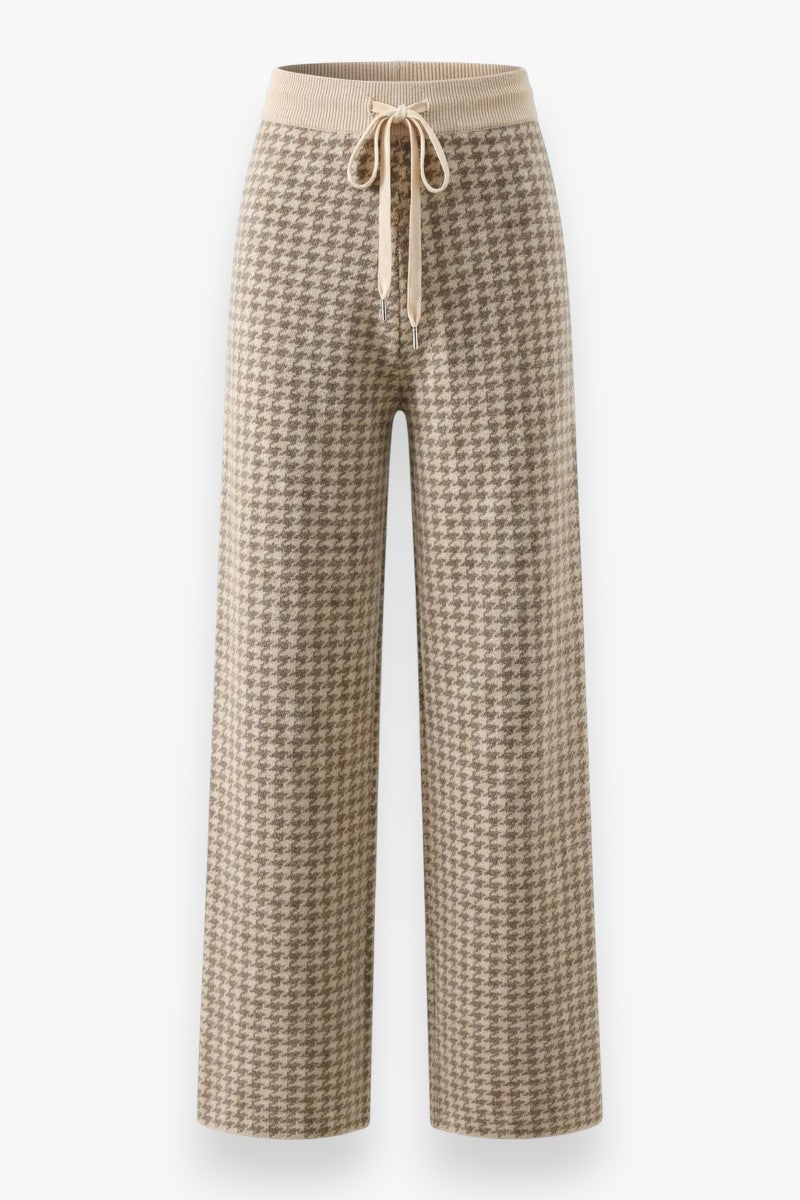 Elegant Wool Houndstooth Wide-Leg Pants